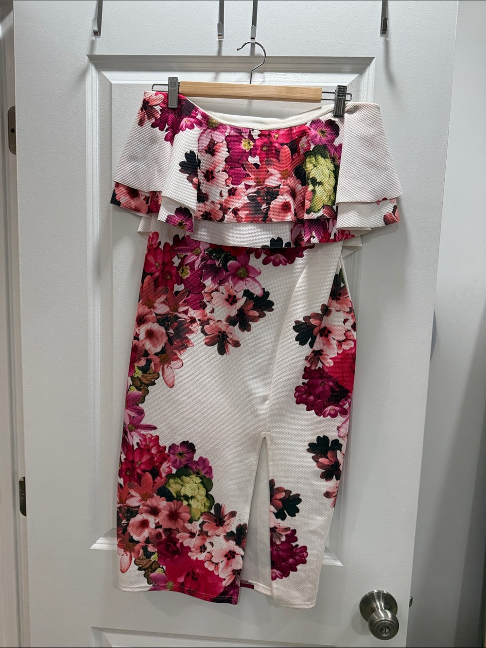 Off-Shoulder Floral Midi Dress in White and Pink